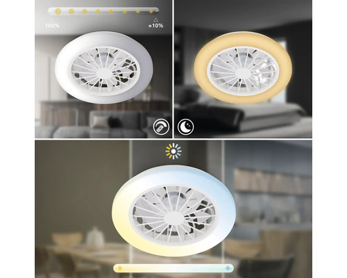 Okrúhle stropné LED svietidlo s ventilátorom, stmievateľné od 100 do približne 10 percent, nastaviteľná teplota farieb a funkcia nočného svetla.