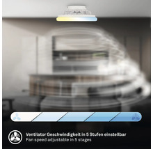 Stropný ventilátor s integrovaným osvetlením a rýchlosťou ventilátora nastaviteľ nou v piatich stupňoch.