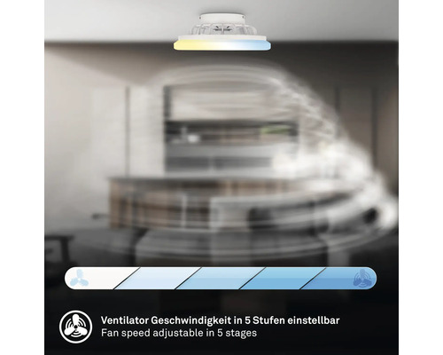 Stropný ventilátor s integrovaným osvetlením a rýchlosťou ventilátora nastaviteľ nou v piatich stupňoch.