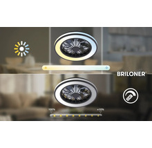 Briloner Logo. Stropný ventilátor so svetlom, teplota farieb teplá až studená biela, stmievateľný 100 až circa 10 percent, diaľkové ovládanie.