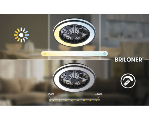 Briloner Logo. Stropný ventilátor so svetlom, teplota farieb teplá až studená biela, stmievateľný 100 až circa 10 percent, diaľkové ovládanie.