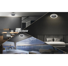 Stropný ventilátor Briloner s LED v modernej kancelárii, spálni a na terase s výhľadom na more. Briloner Logo.