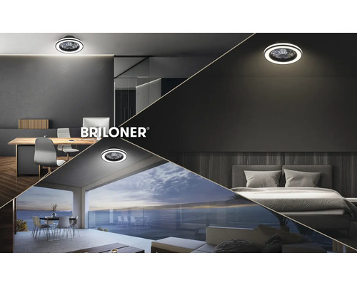 Stropný ventilátor Briloner s LED v modernej kancelárii, spálni a na terase s výhľadom na more. Briloner Logo.