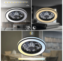 Moderný okrúhly stropný LED ventilátor so svetlom, stmievateľný od 100 do približne 10 percent, nočný režim a nastaviteľná teplota farieb.