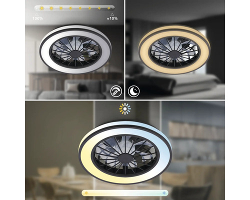Moderný okrúhly stropný LED ventilátor so svetlom, stmievateľný od 100 do približne 10 percent, nočný režim a nastaviteľná teplota farieb.
