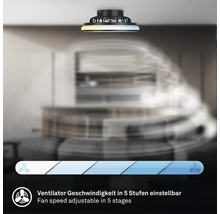 Čierny stropný ventilátor s LED svetelným kruhom, rýchlosť ventilátora nastaviteľná v piatich stupňoch, v moderne zariadenom priestore.