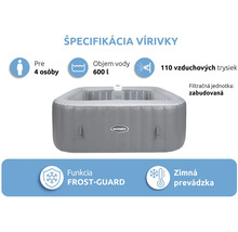Nafukovacia vírivka Marimex pre 4 osoby, objem 600 litrov, 110 vzduchových trysiek, zabudovaná filtrácia, funkcia Frost-Guard a zimná prevádzka.