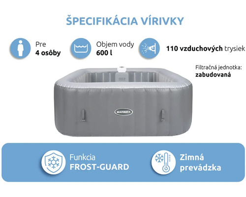Nafukovacia vírivka Marimex pre 4 osoby, objem 600 litrov, 110 vzduchových trysiek, zabudovaná filtrácia, funkcia Frost-Guard a zimná prevádzka.