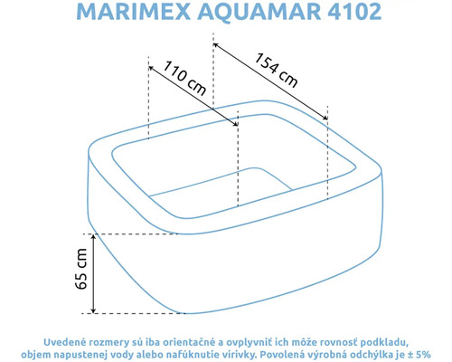 Nákres nafukovacej vírivky Marimex Aquamar 4102 s rozmermi: dĺžka 154 centimetrov, šírka 110 centimetrov a výška 65 centimetrov.