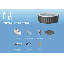 Obsah balenia nafukovacej vírivky vrátane bazéna, krytu, filtračných kartuší, nafukovacej hadice, adaptéra, návleku a sady záplat.