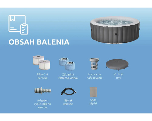Obsah balenia nafukovacej vírivky vrátane bazéna, krytu, filtračných kartuší, nafukovacej hadice, adaptéra, návleku a sady záplat.