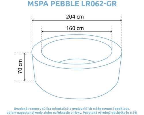 Rozmery vírivky MSPA Pebble LR062-GR: vonkajší priemer 204 centimetrov, vnútorný priemer 160 centimetrov, výška 70 centimetrov.