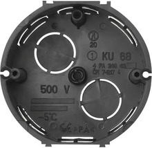 Čierna, guľatá krabica pod omietku KU 68 pre elektroinštalácie, vhodná pre napätie do 500 Voltov, s európskou zhodou.