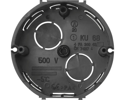 Čierna, guľatá krabica pod omietku KU 68 pre elektroinštalácie, vhodná pre napätie do 500 Voltov, s európskou zhodou.