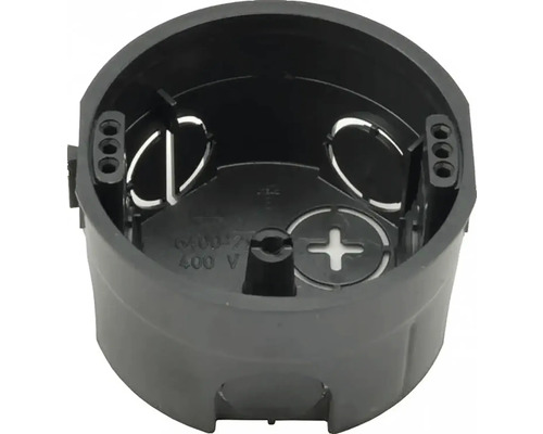 Čierna krabica pod omietku z plastu pre elektroinštaláciu, okrúhla, 400 Voltov.