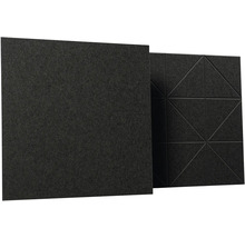 Štvorcové akustické panely z plsti, jeden hladký panel a jeden panel s geometrickým trojuholníkovým vzorom, antracit.