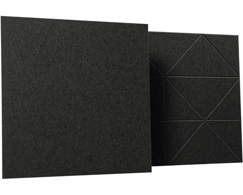 Štvorcové akustické panely z plsti, jeden hladký panel a jeden panel s geometrickým trojuholníkovým vzorom, antracit.
