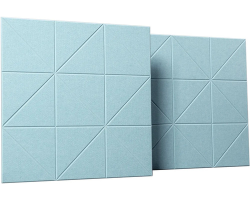 Štvorcové akustické panely vo svetlomodrej farbe s geometrickým trojuholníkovým vzorom z plsti na zvukovú izoláciu.