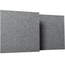 Štvorcové akustické panely zo sivej plsti s geometrickým trojuholníkovým vzorom na zvukovú izoláciu.