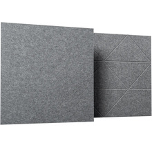 Sivé štvorcové akustické panely z plsti, jeden hladký panel a jeden panel s geometrickým trojuholníkovým vzorom.