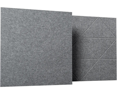 Sivé štvorcové akustické panely z plsti, jeden hladký panel a jeden panel s geometrickým trojuholníkovým vzorom.