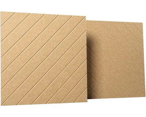 Štvorcový akustický panel z drevených vlákien s diagonálnymi drážkami.
