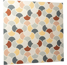 Tapeta s geometrickým vzorom do seba zapadajúcich vejárovitých tvarov v retro štýle mid-century modern.