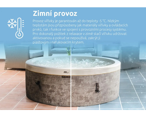 Okrúhla nafukovacia vírivka s kamenným dizajnom a zimnou prevádzkou do teploty mínus 5 stupňov Celzia.