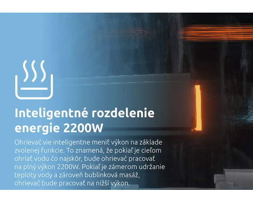 Inteligentné rozdelenie energie 2200 Wattov pre efektívny ohrev a udržiavanie teploty vody vo vírivke.