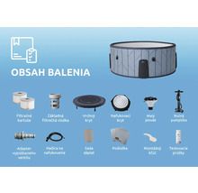 Obsah balenia nafukovacej vírivky vrátane filtračných kartuší, krytov, ručnej pumpy, hadice, sady záplat, podložky a testovacích prúžkov.