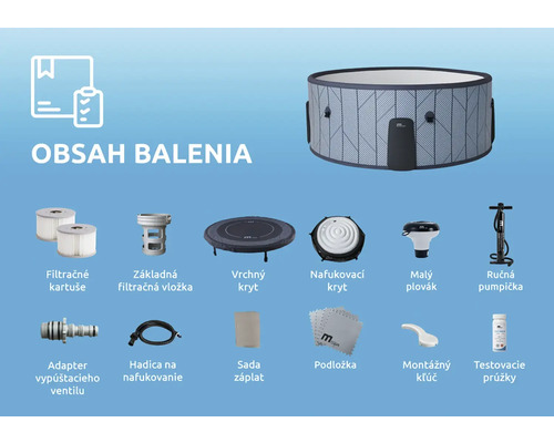 Obsah balenia nafukovacej vírivky vrátane filtračných kartuší, krytov, ručnej pumpy, hadice, sady záplat, podložky a testovacích prúžkov.