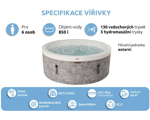 Vírivka pre 6 osôb, 850 litrov, 130 vzduchových a 3 hydromasážne trysky, Wi-Fi, zimná prevádzka, antibakteriálny povrch a UVC dezinfekcia.