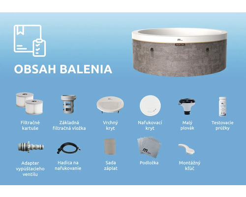 Obsah balenia nafukovacej vírivky vrátane filtračných kartuší, krytov, hadice, testovacích prúžkov a sady záplat.