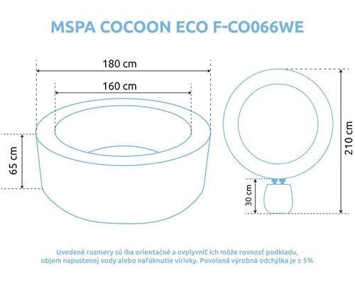 Rozmery vírivky MSPA Cocoon Eco: vonkajší priemer 180 centimetrov, vnútorný 160 centimetrov, výška 65 centimetrov, dĺžka 210 centimetrov.