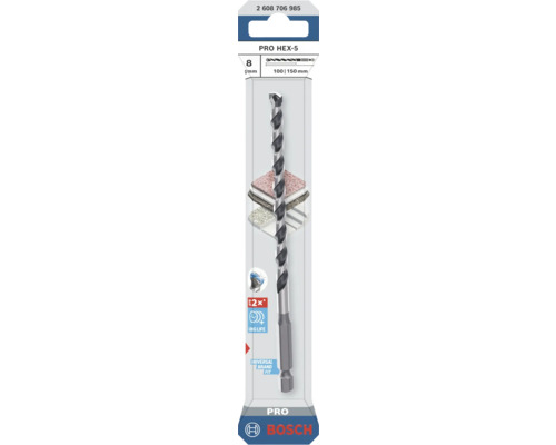 Viacúčelový vrták Bosch PRO HEX-5 s priemerom 8 milimetrov so šesťhrannou stopkou pre univerzálne použitie.