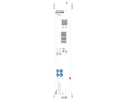 Zadná strana obalu produktu Bosch Expert s čiarovým kódom, bezpečnostnými symbolmi, informáciami o materiáli a Bosch Logo.