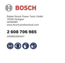 Logo Bosch s údajmi o výrobcovi a bezpečnostnými symbolmi na ochranu očí, sluchu, rúk a dýchacích ciest.