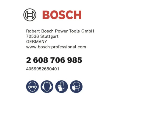 Logo Bosch s údajmi o výrobcovi a bezpečnostnými symbolmi na ochranu očí, sluchu, rúk a dýchacích ciest.