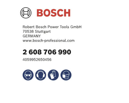 Logo Bosch s informáciami o výrobcovi, číslami produktov a bezpečnostnými symbolmi pre ochranu očí, sluchu, rukavíc a dýchacích ciest.