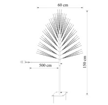 Technický nákres LED stromu s výškou 150 centimetrov, šírkou 60 centimetrov a dĺžkou kábla 500 centimetrov.