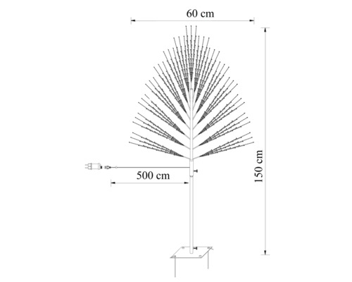Technický nákres LED stromu s výškou 150 centimetrov, šírkou 60 centimetrov a dĺžkou kábla 500 centimetrov.