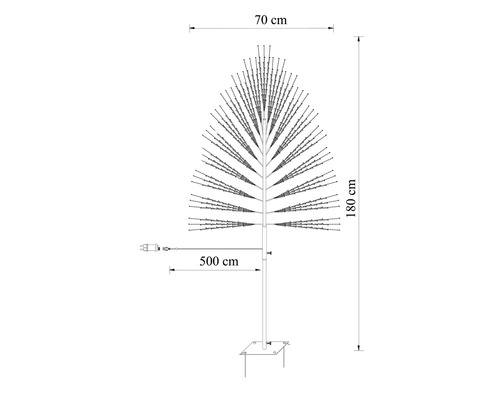 Nákres LED svetelného stromu s výškou 180 centimetrov, šírkou 70 centimetrov a káblom s dĺžkou 500 centimetrov.