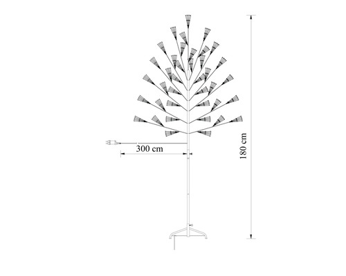Rozmerový náčrt LED svetelného stromu s výškou 180 centimetrov a dĺžkou prívodu 300 centimetrov.