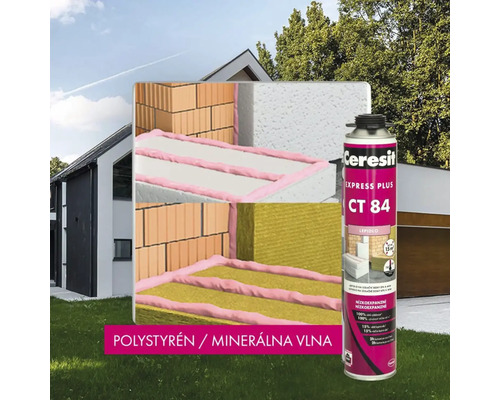 Aplikácia polyuretánového lepidla Ceresit Express Plus CT 84 na izolačné dosky z polystyrénu a minerálnej vlny na tehlovú stenu.