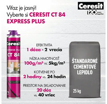 Porovnanie polyuretánového lepidla Ceresit CT 84 Express Plus a cementového lepidla z hľadiska efektivity, hmotnosti a doby tuhnutia. Ceresit Logo.