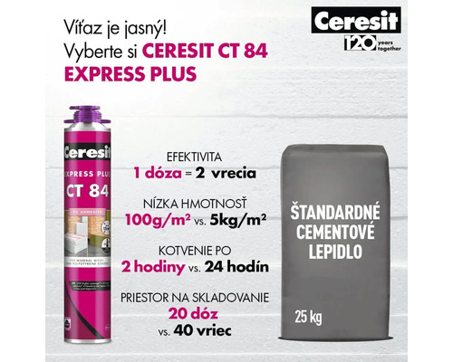 Porovnanie polyuretánového lepidla Ceresit CT 84 Express Plus a cementového lepidla z hľadiska efektivity, hmotnosti a doby tuhnutia. Ceresit Logo.