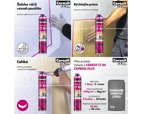 Infografika k lepiacej pene Ceresit CT 84 Express Plus, použitie pri mínus 10 stupňoch, vytvrdnutie za dve hodiny a porovnanie s cementovým lepidlom.