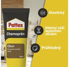 Pattex Logo, Chemoprén Obuv 50 mililitrov, elastické lepidlo na obuv, odolné voči teplotám a priehľadné.