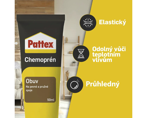 Pattex Logo, Chemoprén Obuv 50 mililitrov, elastické lepidlo na obuv, odolné voči teplotám a priehľadné.