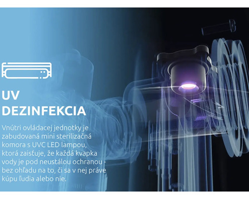 Ilustrácia ultrafialovej C dezinfekcie pomocou integrovanej LED lampy v ovládacej jednotke pre nepretržité čistenie vody.